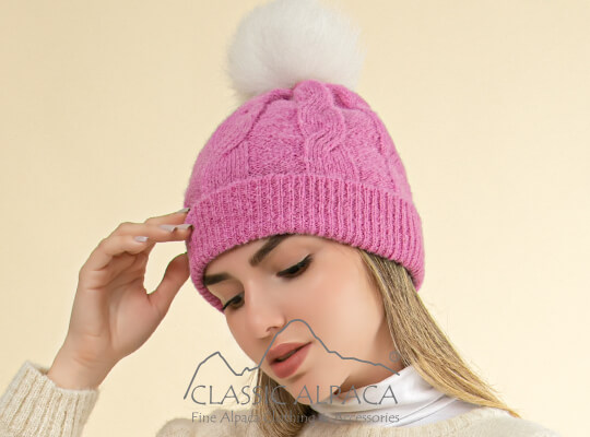 Alpaca Fur Pom Pom Cable Hat